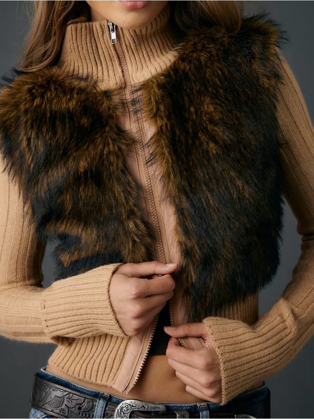 Faux Fur Trimmed Rib-Knit Zip Sweater size NWOT